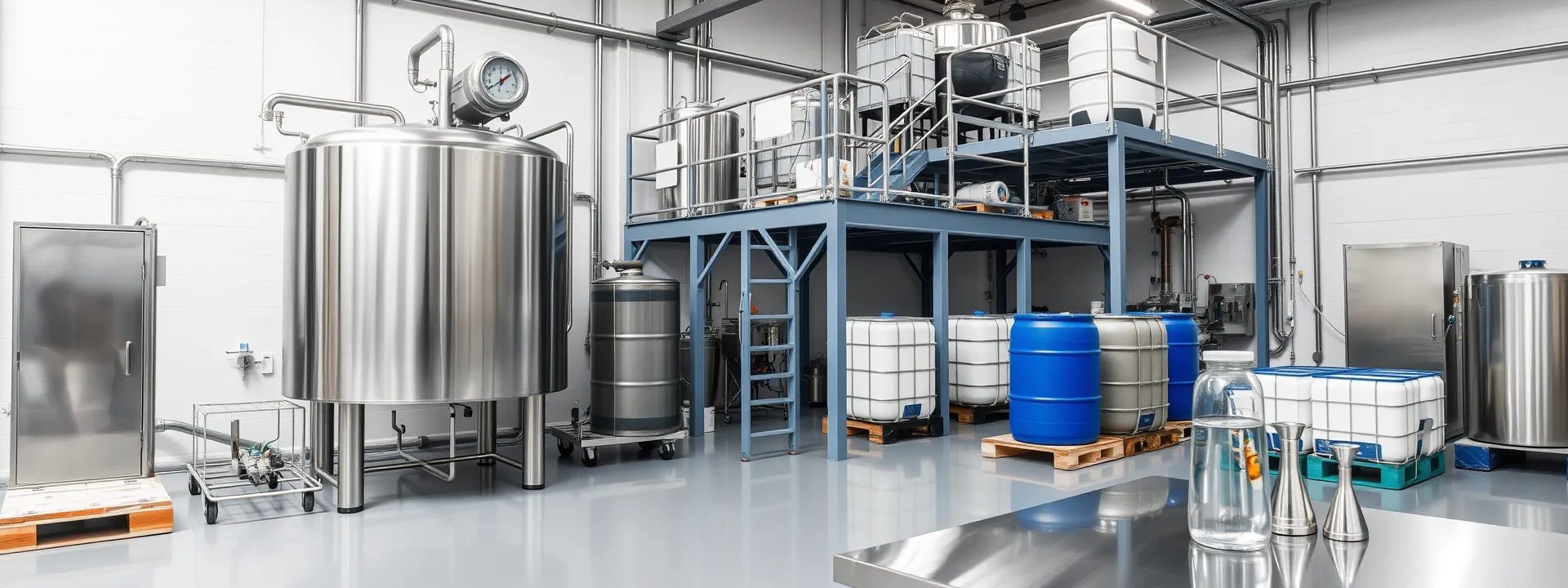 Stainless steel blending tank and mezzanine with IBC totes and drums in a chemical blending room