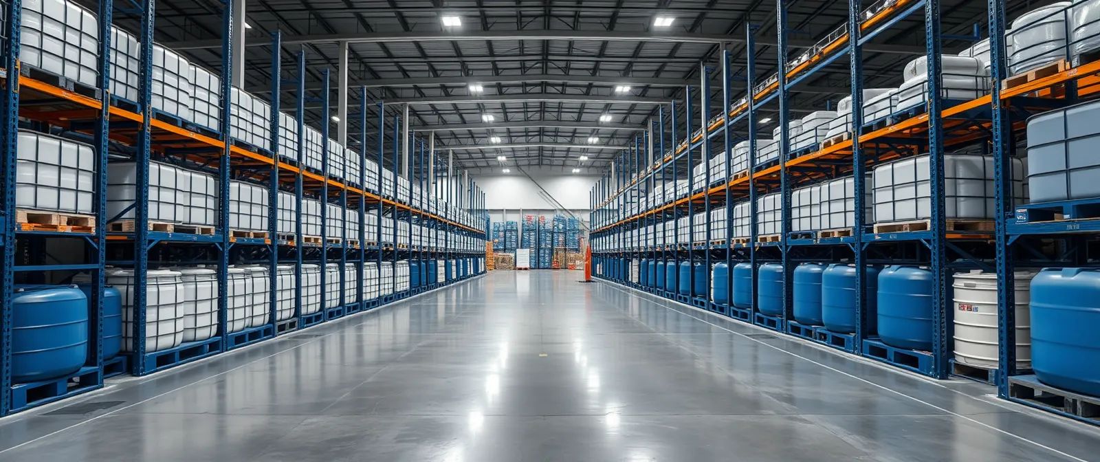 Chemical distributor warehouse with racked pallets of bags and blue drums