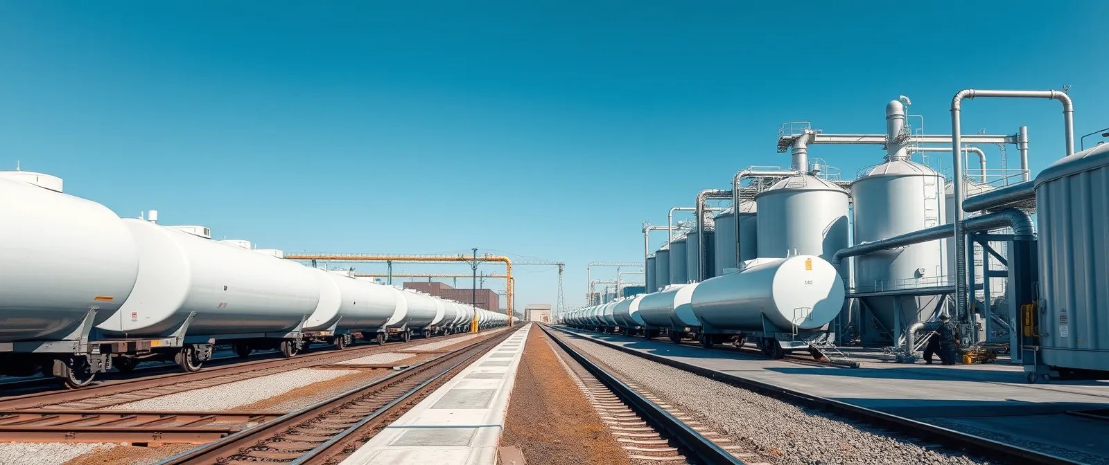 Chemical terminal with white rail tank cars, storage tanks and pipe racks