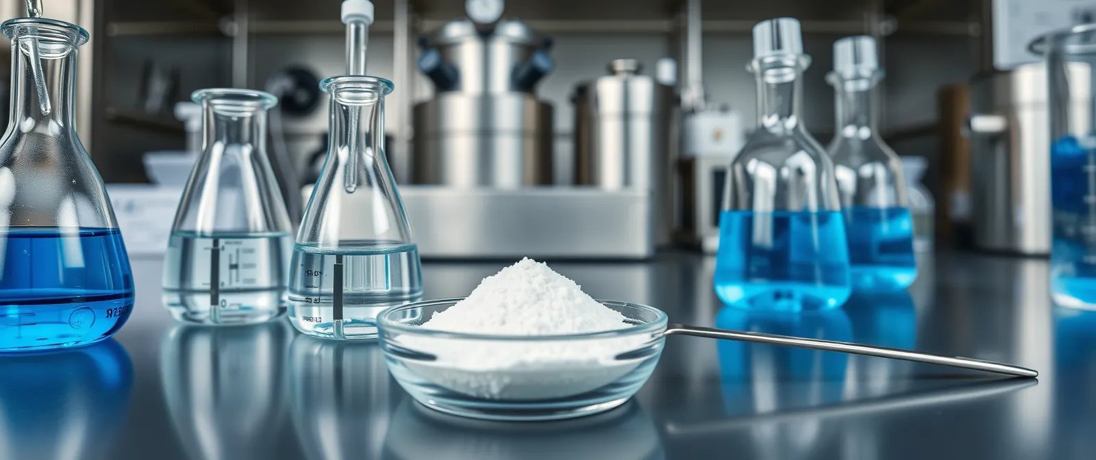 Glass beakers of clear liquid and white chelant powder in a stainless chemical lab