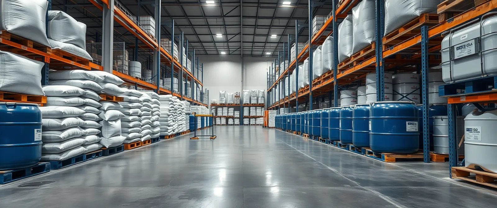 Warehouse aisles with pallets of bagged powders and blue drums of chemicals