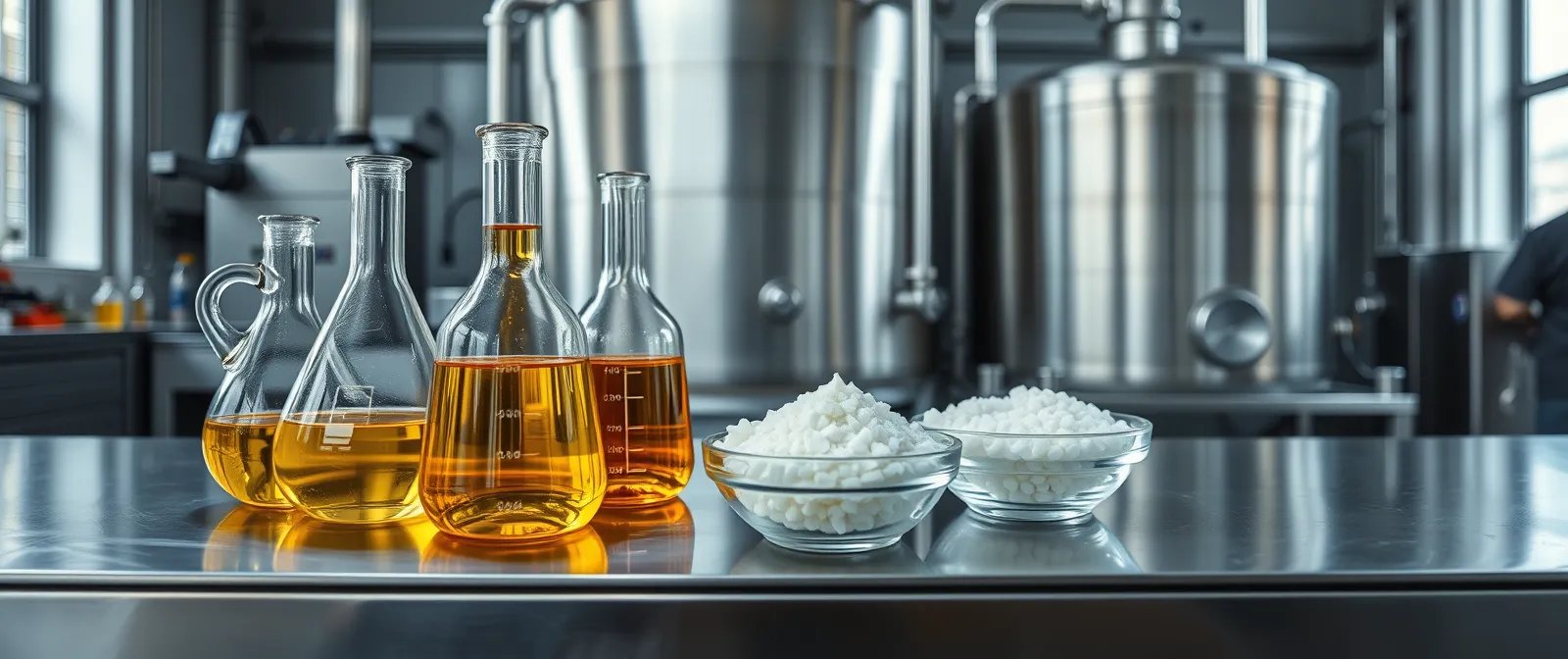 Glass flasks of amber oils and white powders on a stainless bench in a chemical plant