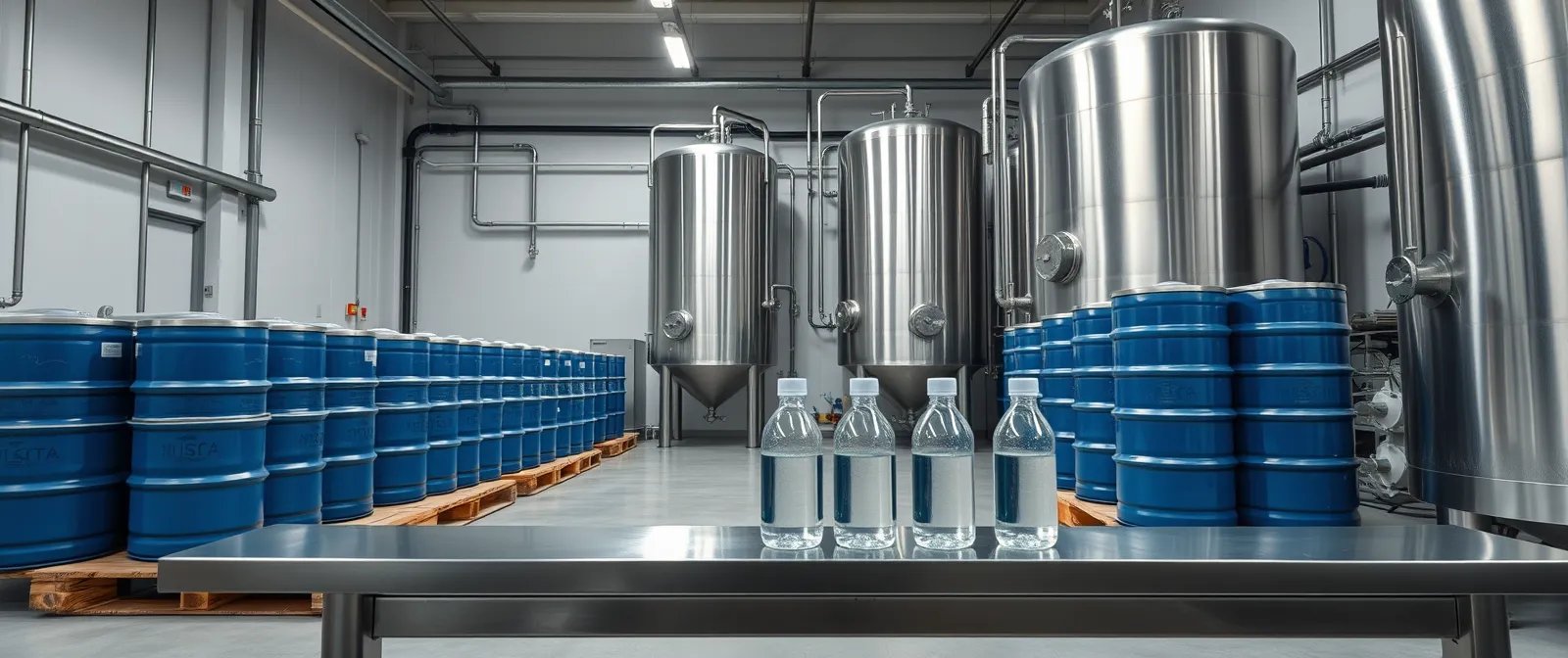 Stainless steel blending vessels and glass flasks of clear solvent in a clean chemical plant