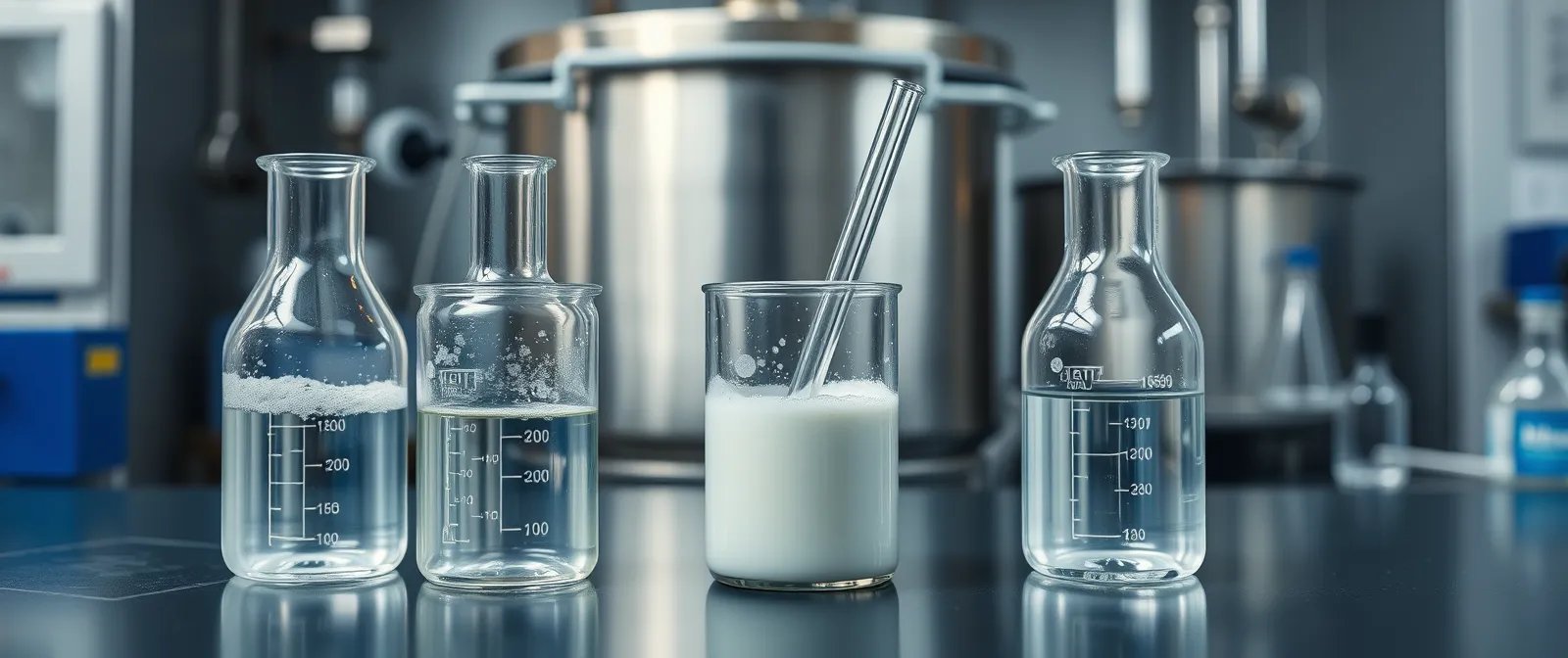 Blue drums and stainless mixing tanks in a clean surfactant blending area