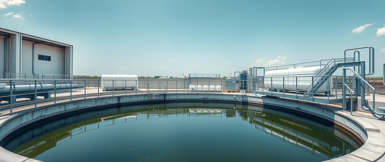 Circular water clarifier basin at an industrial water treatment plant under a blue sky
