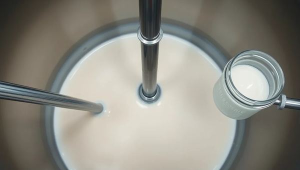 Stainless steel vessel blending a white chemical liquid
