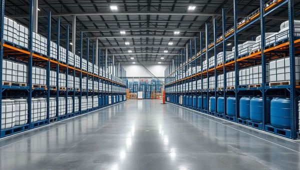 Chemical distributor warehouse with racked pallets and blue drums