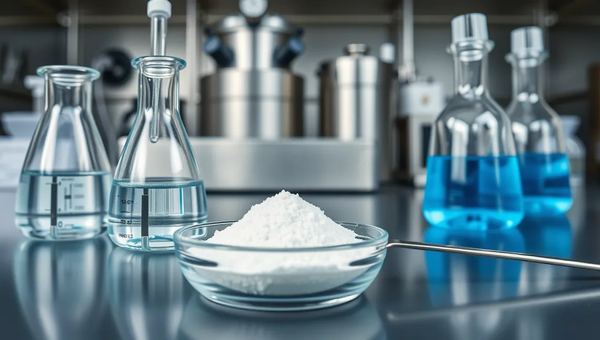 Beakers of clear liquid and white chelant powder in a lab