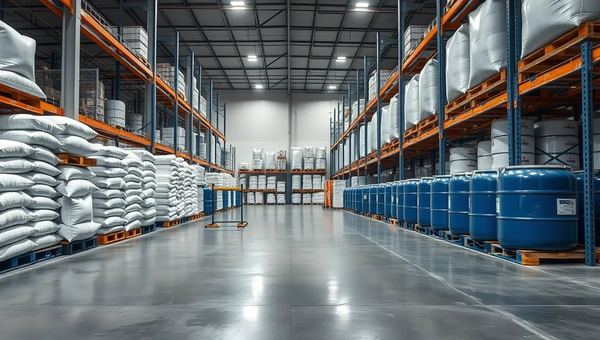 Warehouse aisles with bagged powders and drums