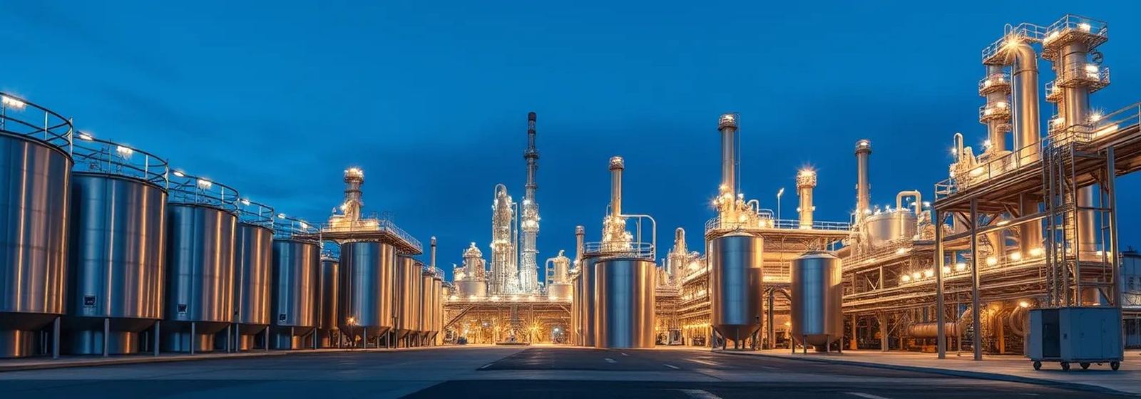 Chemical processing plant with storage tanks and pipework at blue hour