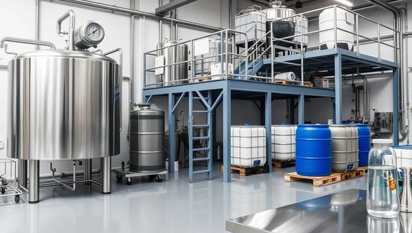 Stainless steel chemical blending tanks with totes and drums