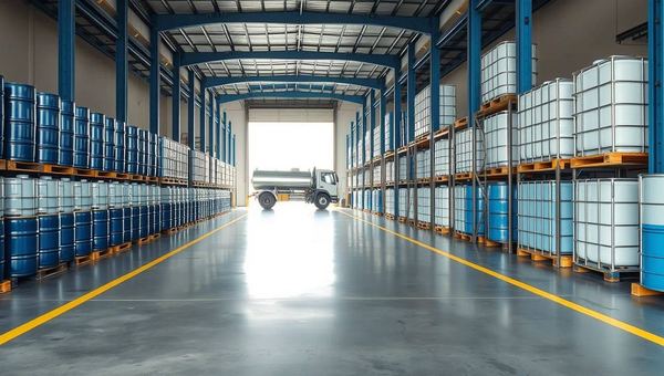 Warehouse racking with blue drums and IBC totes of industrial chemicals