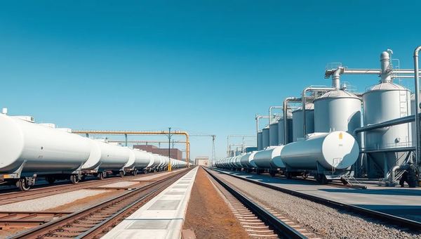 Chemical terminal with rail tank cars and storage tanks