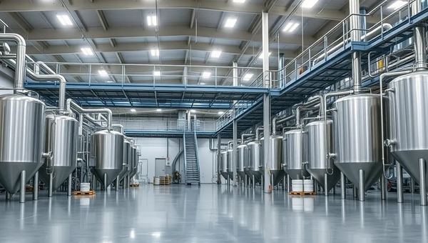 Rows of stainless steel process vessels in a toll manufacturing plant